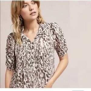 Maeve Anthropologie Animal cheetah Print Pleated Blouse 1/2 button up 1/2 slv 4
